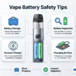 Rechargeable vape device and charging cable illustrating vape battery safety tips for proper charging and storage.